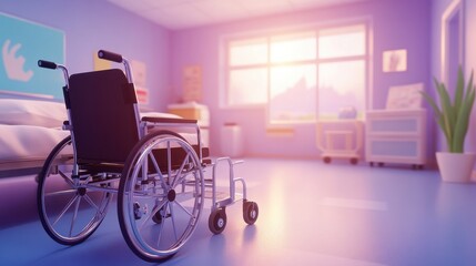 Modern Hospital Interior with Empty Wheelchair in Bright and Welcoming Environment