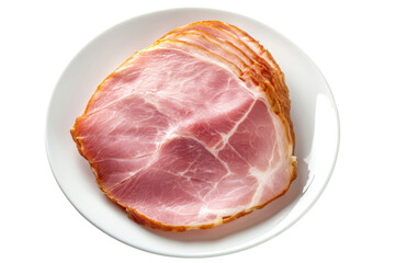 PNG Slices of cured ham on white plate – top view of delicious deli meat