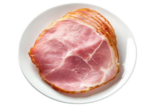 PNG Slices of cured ham on white plate – top view of delicious deli meat