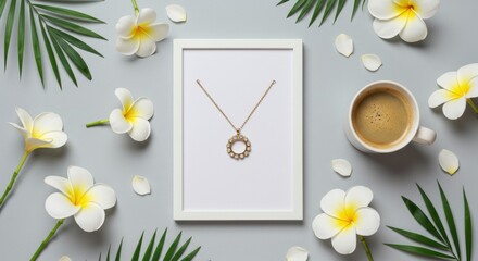 Obraz premium Necklace in Frame with Frangipani Flowers and Coffee