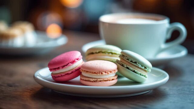 Cappuccino coffee served with macaroons on a wooden table. Almond meringue pastry dessert.