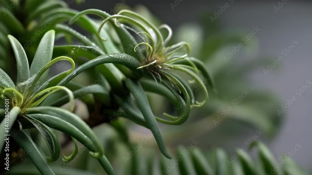 Poster close-up view of a green tillandsia plant with its distinctive curled leaves and textured surface, c