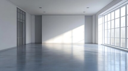 Obraz premium Sunlit Empty Room Interior Design: Modern Minimalist Space with Large Windows and Polished Floor