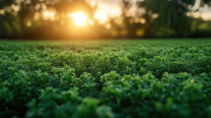 Naklejka premium Sunset over lush green field. (2)
