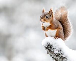 Fototapeta premium Close-up of a red squirrel perched on a snow-covered branch with delicate snowflakes on its fur, looking alert in a snowy winter environment