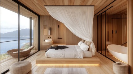 Modern minimalist bedroom with ocean view calming interior design