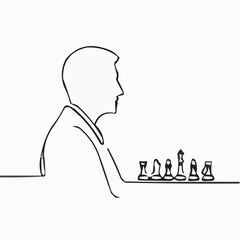 Fototapeta premium Man contemplating chess pieces in minimalistic line art style 