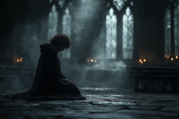 Obraz premium Cloaked figure kneeling in dark chamber, candles flicker, stained glass windows, shadowy atmosphere.
