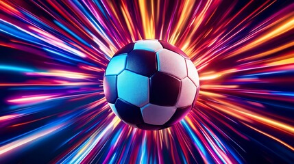 A dynamic soccer ball with fast moving colorful light trails behind the ball at high speed