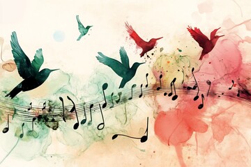 Digital painting of music notes transforming into birds symbolizing emotional freedom voice through song surreal symbolic art