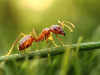 Close-up of a red ant walking on a green stem with blurred green background and warm sunlight
