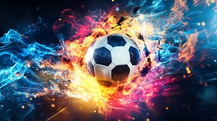 Naklejka premium Dynamic soccer ball with fiery and icy effects, creating a vibrant and energetic visual
