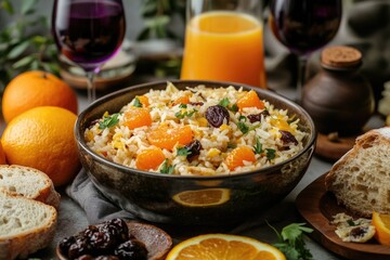 Aromatic rice dish with citrus and dried fruit