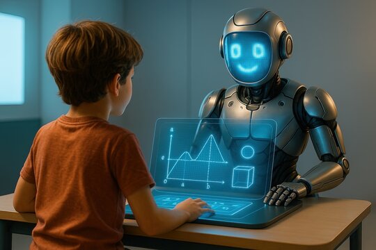 Robot and Boy: A futuristic educational encounter unfolds as a young boy interacts with a friendly, advanced robot, exploring learning opportunities through a glowing interface.