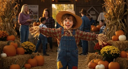 Happy child dressed as scarecrow at autumn pumpkin patch farm for fall harvest festival season event