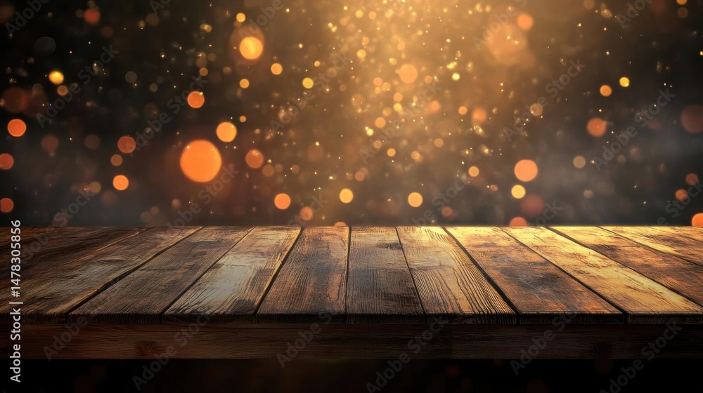 Poster display your item on rustic wooden table with bokeh lights background