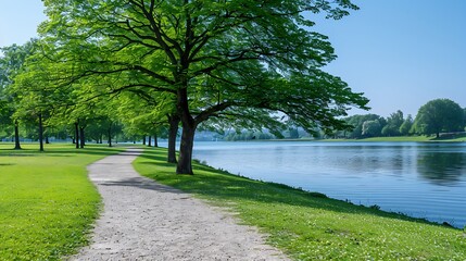 Fototapeta premium Pathway Along Lakeside Park Under Sunny Sky With Lush Green Trees