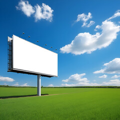 Blank Billboard in a Green Field Under a Blue Sky