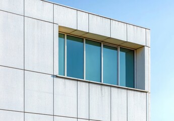 Modern minimalistic building corner with large blue-tinted windows against a clear blue sky