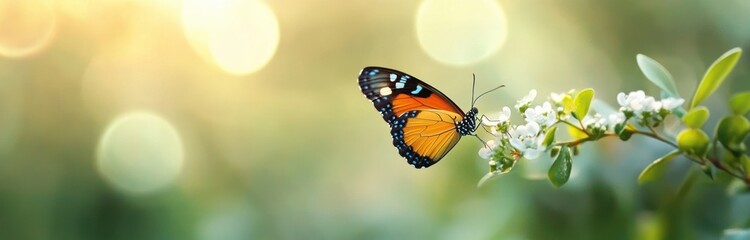 Naklejka premium A vibrant orange, black, and blue butterfly delicately perched on small white flowers against a soft, blurred green and yellow bokeh background evoking tranquility
