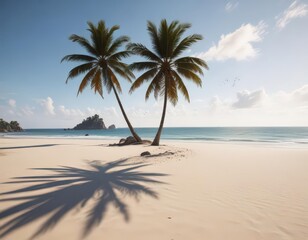 White sand beach, palm silhouette, distant island,  vacation,  paradise