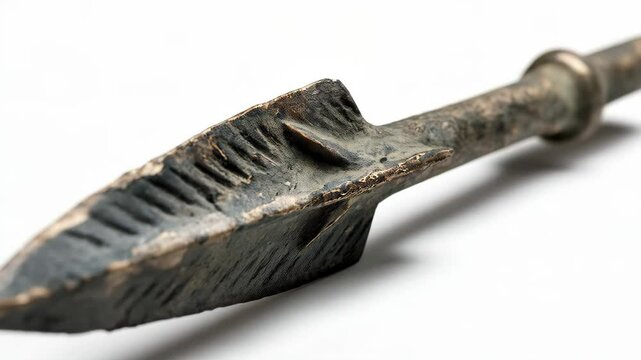 Close-up shot of an ancient, primitive bronze spearhead with a sharp, triangular point on a light background, archaeological find, weapon of antiquity, artifact