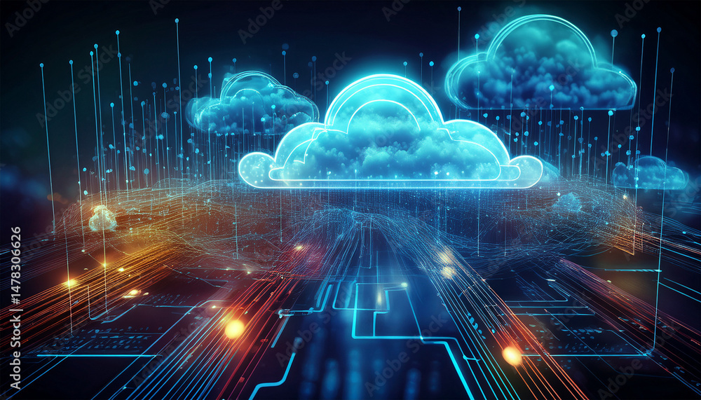 Poster digital cloud network visualization showcasing connectivity and data flow