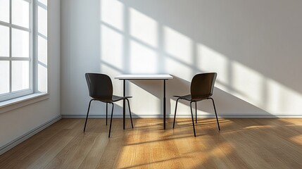 Fototapeta premium Simple room with table and chairs bathed in sunlight.