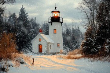 Snow-covered lighthouse glowing warmly at dusk surrounded by winter trees in a serene forest landscape with falling snowflakes