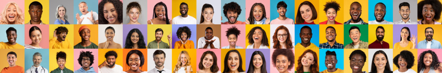 A collage features diverse individuals expressing happiness and connection, set against vibrant backgrounds.