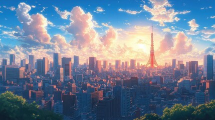 Obraz premium Vibrant cityscape under a colorful sky at sunset with tall buildings and a prominent tower glowing with warm sunlight