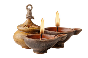 PNG Clay diwali oil lamps and incense burner with flames on black background