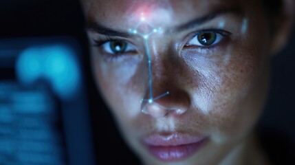 A closeup view of a privacypreserving face matching algorithm in action with digital representations of facial features being compared against a secured encrypted database showcasing