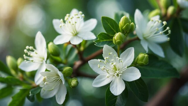 Detailed view of white blossoms against a blurred backdrop.