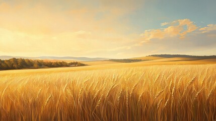 Obraz premium Golden wheat field glows under intense sunlight, with delicate stalks swaying in warm breeze. Close-up captures fine textures and soft motion of ripening grain in summer. Generative by AI