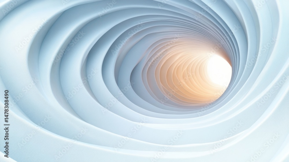 Poster abstract spiral tunnel with smooth layered curves in shades of blue leading towards warm glowing lig