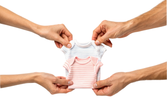 PNG Multiple hands holding striped baby onesies displaying blue and pink patterns
