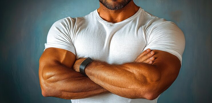 Muscular man with folded arms wearing a fitted white t-shirt and a wristwatch, showcasing strong defined arm muscles against a plain background