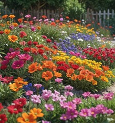 Vibrant colorful flowers blooming in a sunny garden bed, gardenbed, petals, planting