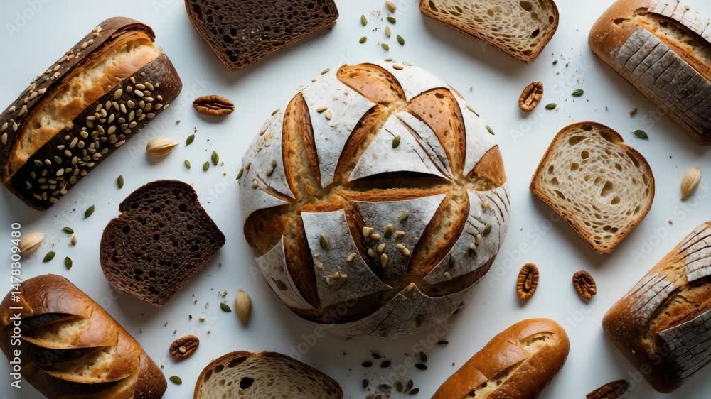 Poster artistic display of breads on a background. flat lay. culinary concept.