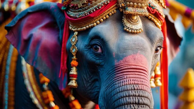 Zoomed-in view of an adorned elephant during a celebration