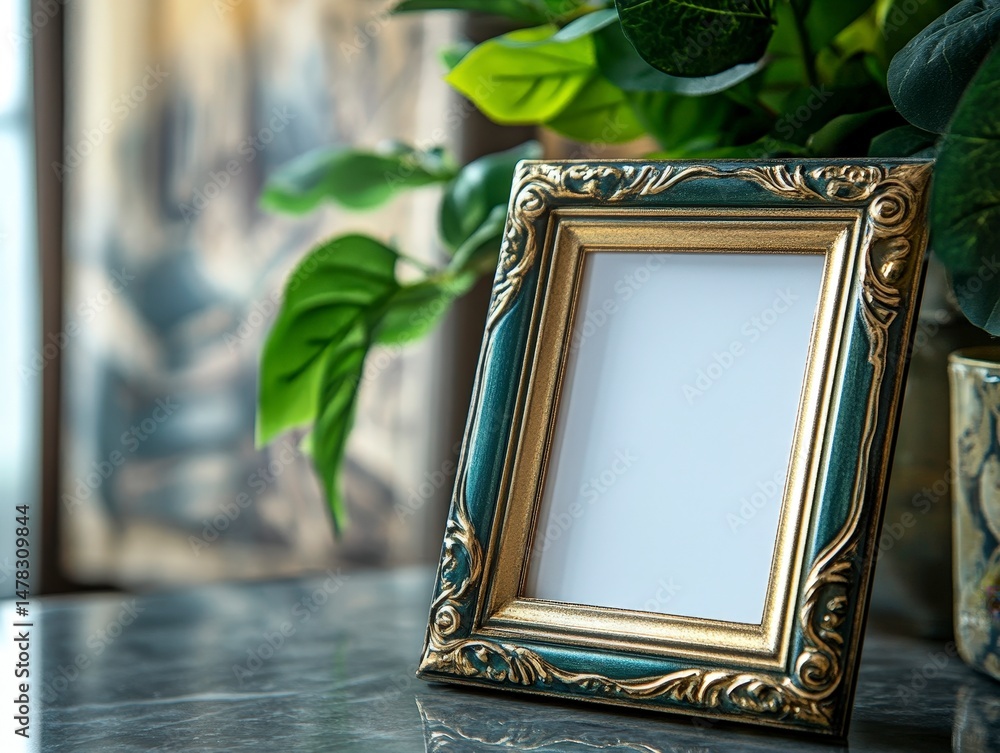 Poster elegant decorative frame on table with greenery and artwork background