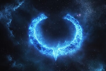 Glowing blue fiery ring or horseshoe shape forming in a dark cosmic starry outer space background emitting energy and light