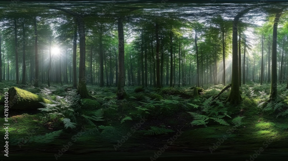 Poster sunlight streams through green forest, creating a sense of tranquility