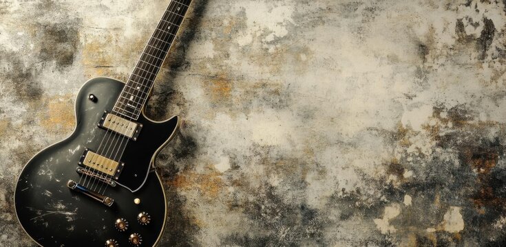 Fototapeta Black Electric Guitar Leans Against Distressed Textured Background