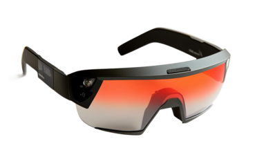 Close-up of a cyclist wearing smart glasses with race data overlay, showcasing futuristic technology in cycling isolated on white background PNG