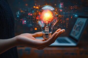 Close-up of a hand holding a glowing light bulb with digital data and technology icons floating around, symbolizing innovation and creative ideas