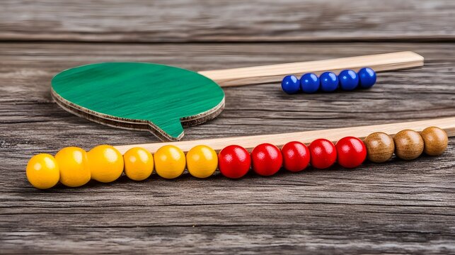 Colorful Wooden Beads Abacus with Green Speech Bubble on Rustic Wood
