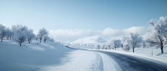 Snowy Mountain Road Scene With Trees In Winter