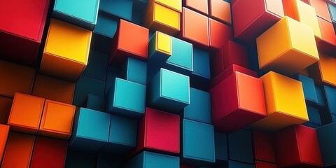 Vibrant 3D geometric composition of colorful cubes in shades of red, orange, yellow, and blue, creating a dynamic, modern abstract pattern